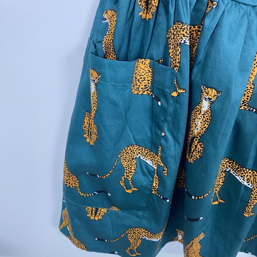 NWT ModCloth Dress Womens Small Green Cheetah AnimalPrint FitFlare Cotton Pocket - Picture 4 of 13